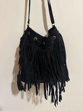 Black Suede Fringe crossbody Bag - Boho Chic Drawstring Bucket